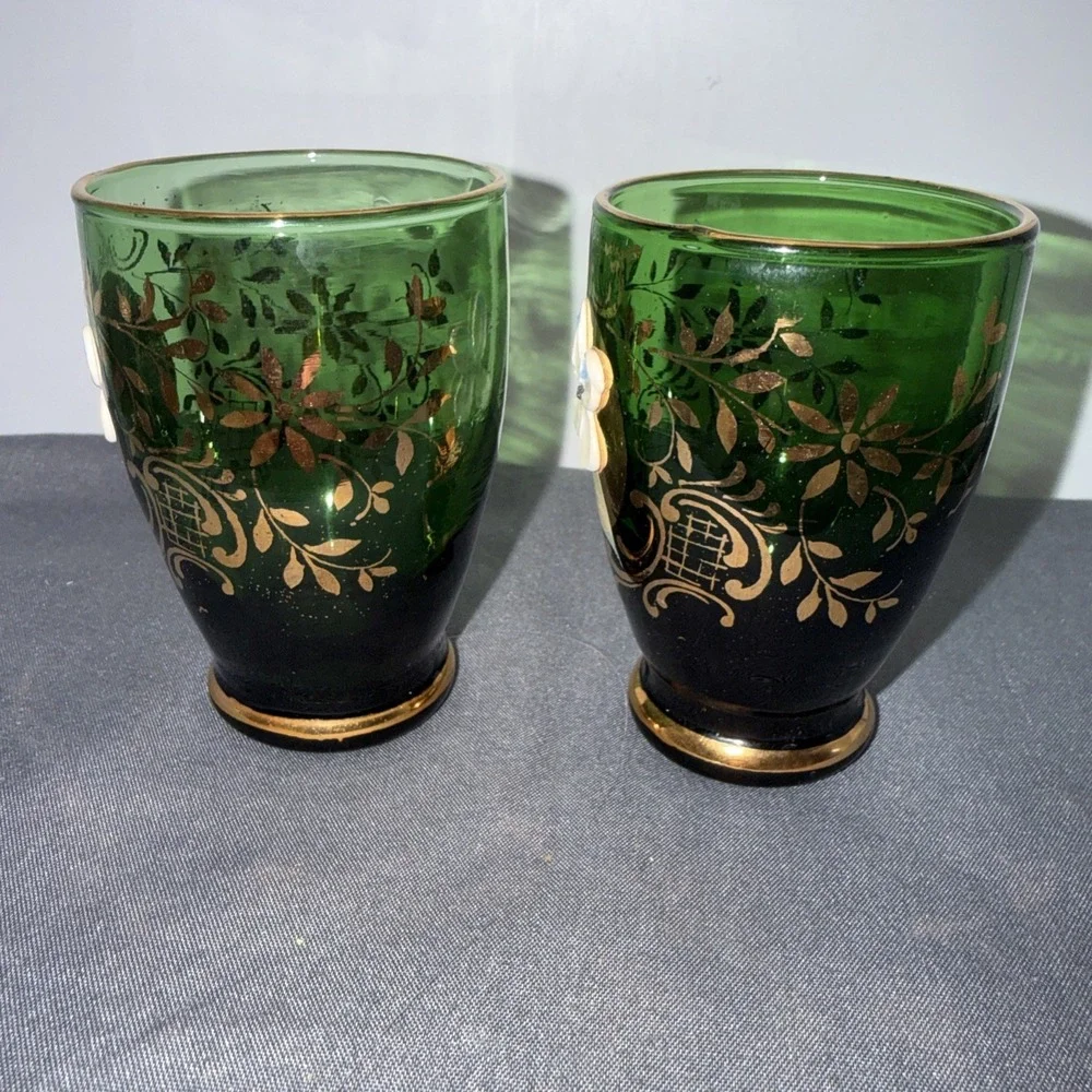 MCM Green Venetian  Green Glass  Cordial   Floral Painted 2 1/2